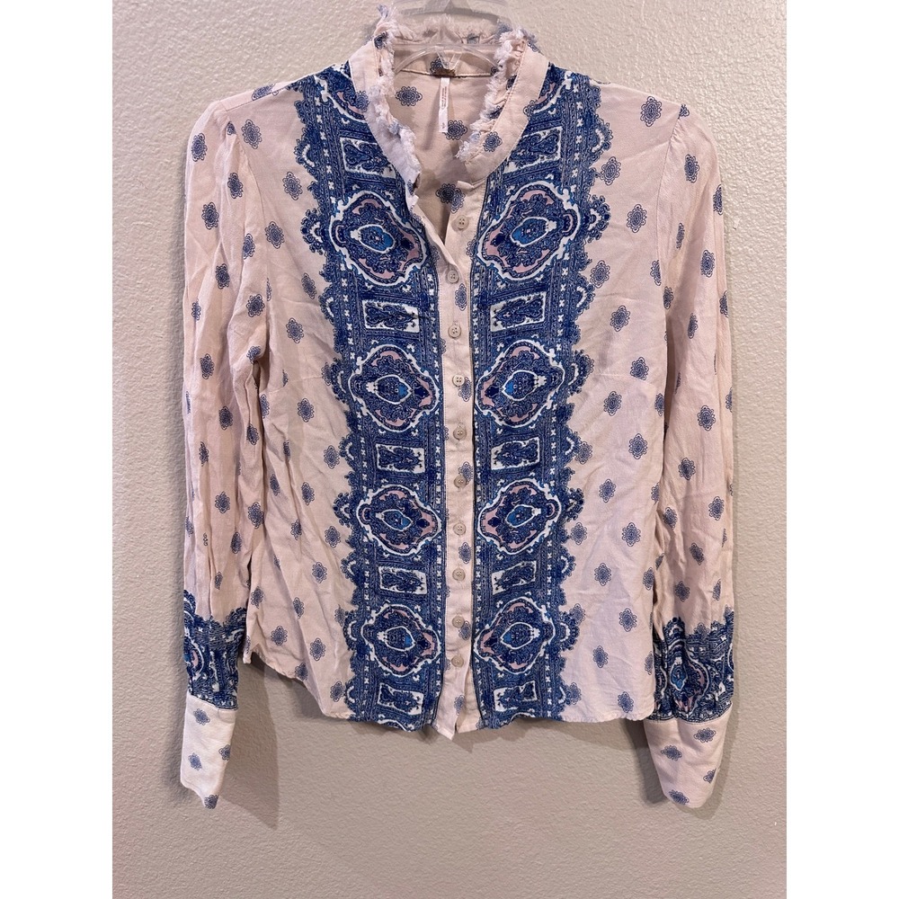 Free People Womens Bohemian Blouse Long Sleeve Button Down Top